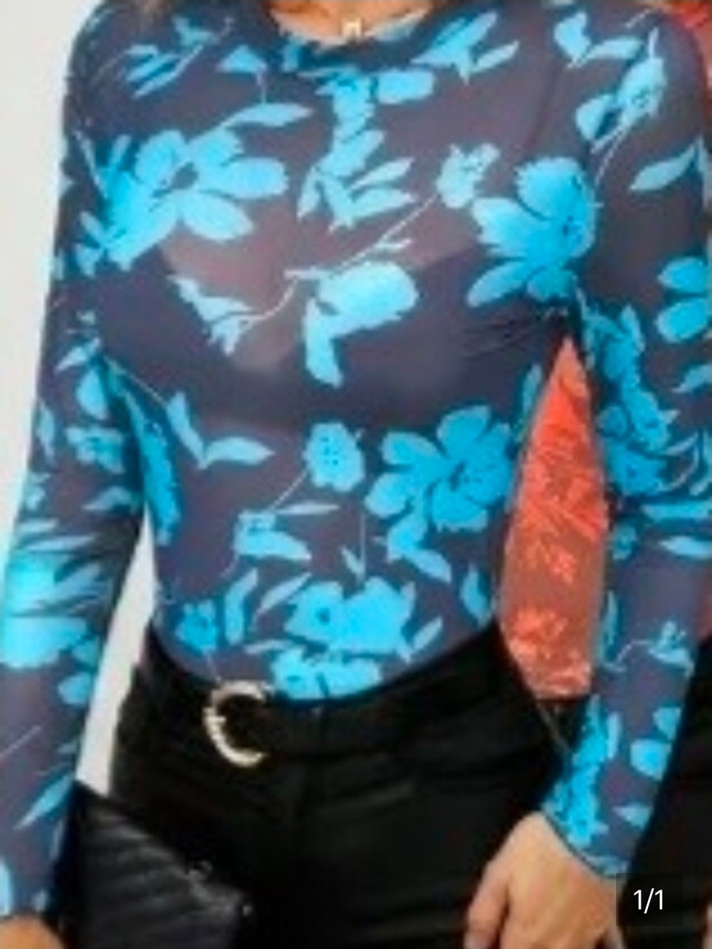 Sheer Mesh Navy Floral Slim Fit Long-Sleeve Top